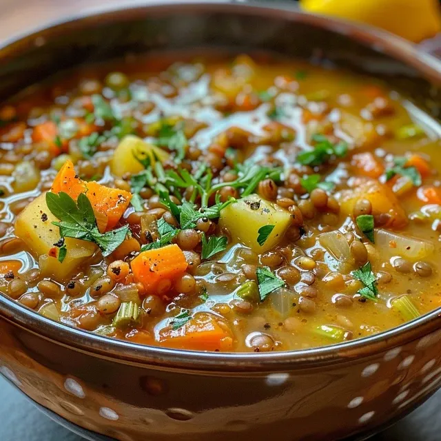 Detailed view of hearty lentil soup brimming with vegetables and herbs in a rustic bowl.