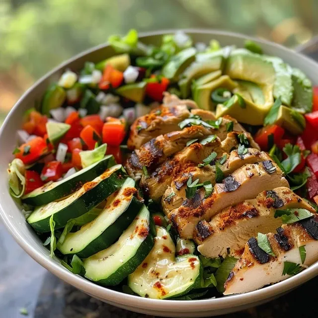 Detailed presentation of a Grilled Chicken Power Bowl with avocado and salsa.