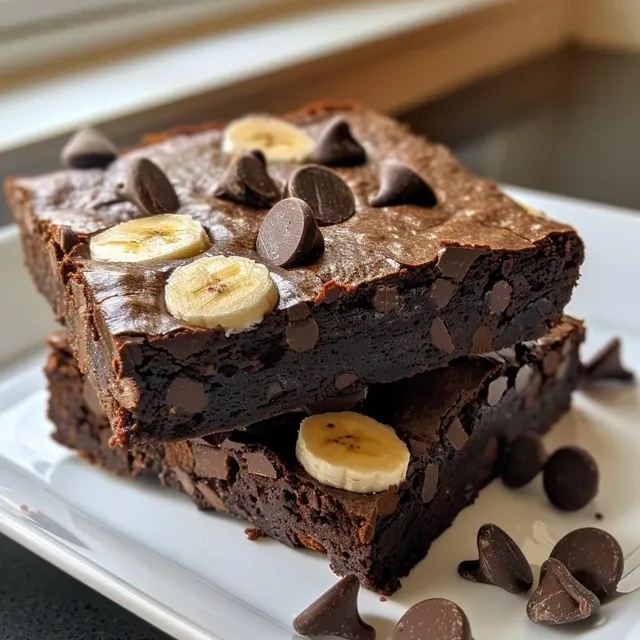 Delicious-looking banana brownies featuring a dark, fudgy texture and a sprinkle of cocoa.