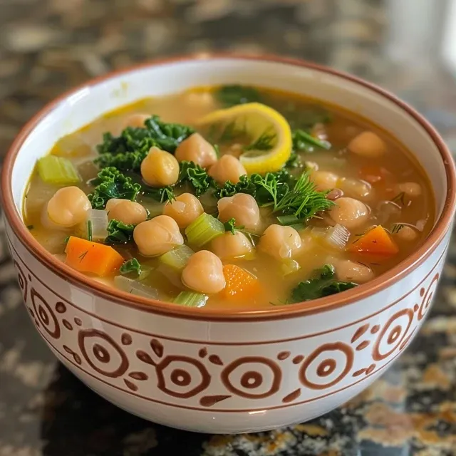 Inviting close-up of Lemony Greek Chickpea Soup, emphasizing its textures and ingredients.