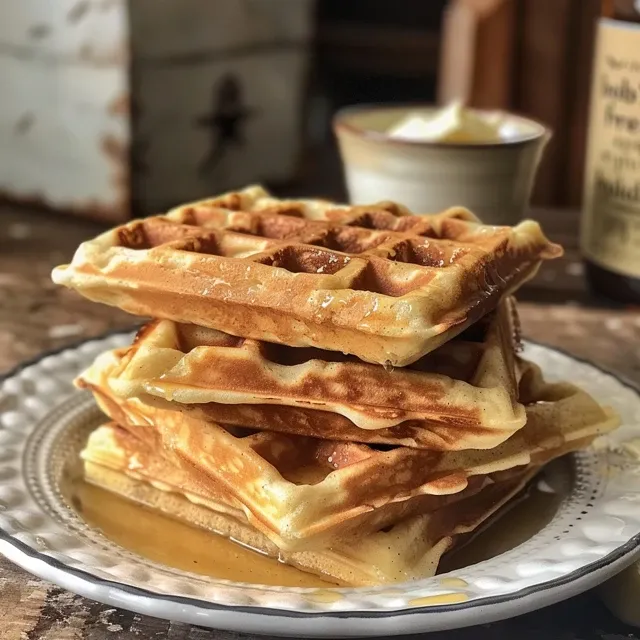 Tasty gluten-free waffles featuring cottage cheese, eggs, and served with a drizzle of honey and seafood.