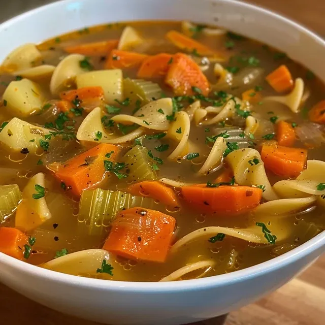 Close-up of a comforting bowl of vegetable noodle soup, featuring a variety of fresh ingredients and steam rising.