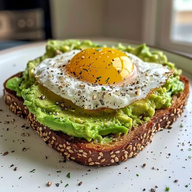 Delicious avocado egg toast featuring a creamy avocado layer and a runny egg yolk.