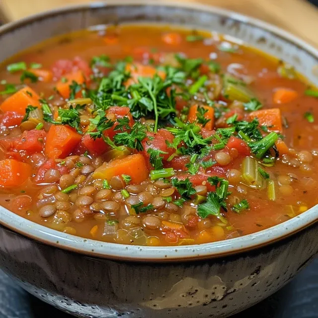 A realistic depiction of Tomato Lentil Soup featuring lentils, diced vegetables, and herbs.