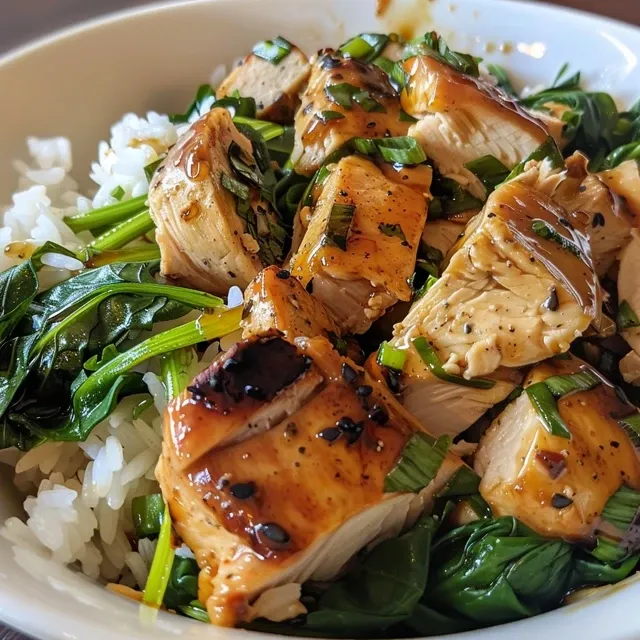 A close-up photo capturing a turkey and spinach rice bowl with juicy turkey pieces and leafy greens.