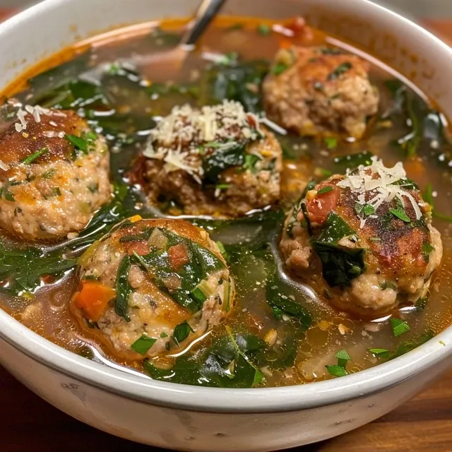 Detailed view of Turkey Meatball Spinach Soup, featuring ground turkey meatballs and chopped spinach in broth.