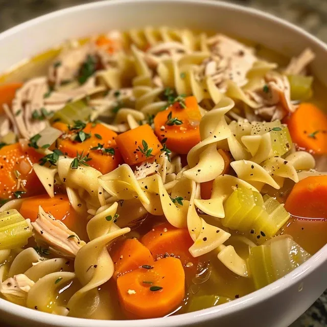 Juicy and appetizing Classic Chicken Noodle Soup, with bright vegetables and tender chicken in a clear broth.