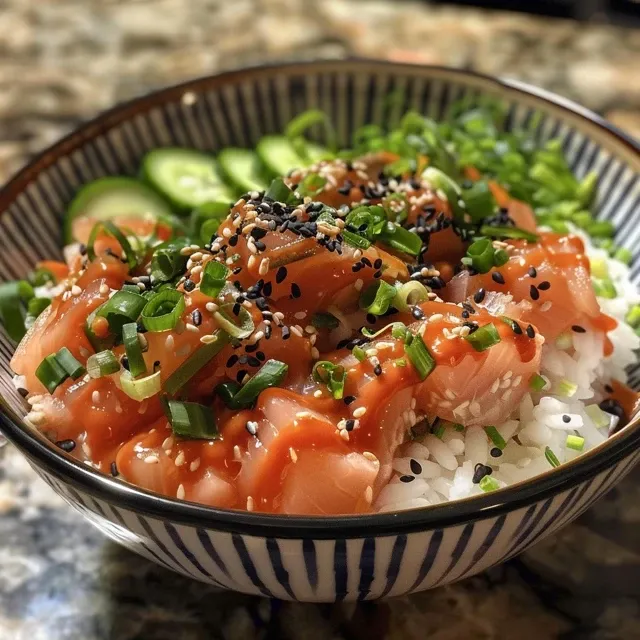 Delicious spicy tuna rice bowl showcasing fresh ingredients and a glossy finish.