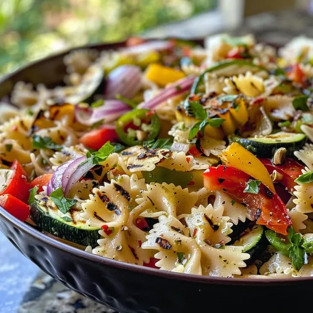 A fresh, appetizing pasta salad with grilled zucchini, bell peppers, and herbs in a bowl.