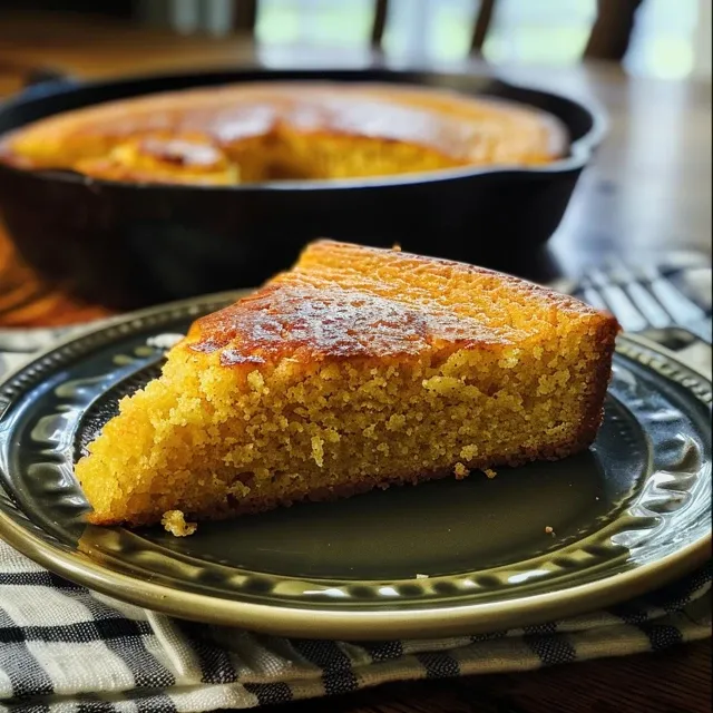 Slice of cornbread in a skillet, emphasizing the butter melting on top.