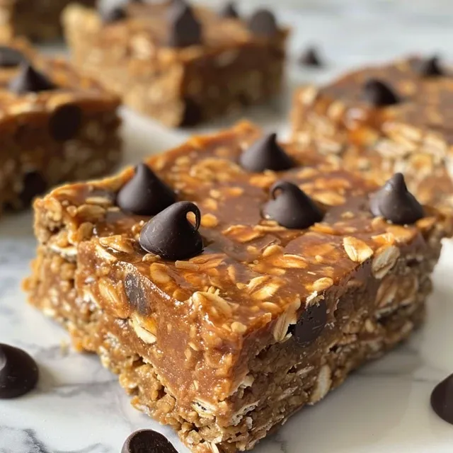 Dessert bars made from oats and peanut butter, featuring a rich dark chocolate topping.