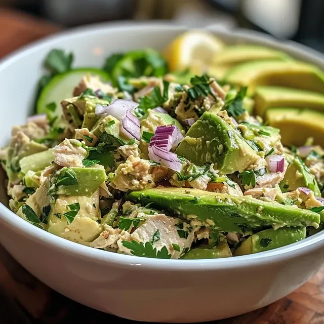 Creamy avocado tuna salad garnished with red onion and fresh herbs.