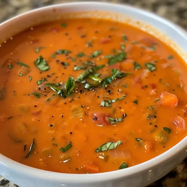 Delicious tomato basil soup in a white bowl, featuring chopped basil, croutons, and a sprinkle of parmesan cheese.