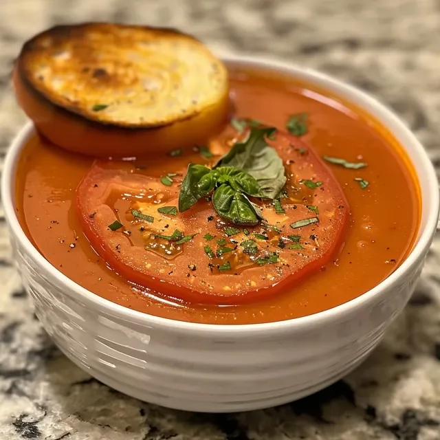 A side view of a steaming bowl of roasted tomato basil soup, showcasing its texture and toppings.