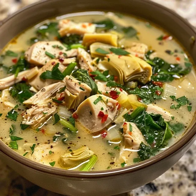 Close-up of hearty Chicken Spinach Artichoke Soup topped with parsley and a drizzle of olive oil.