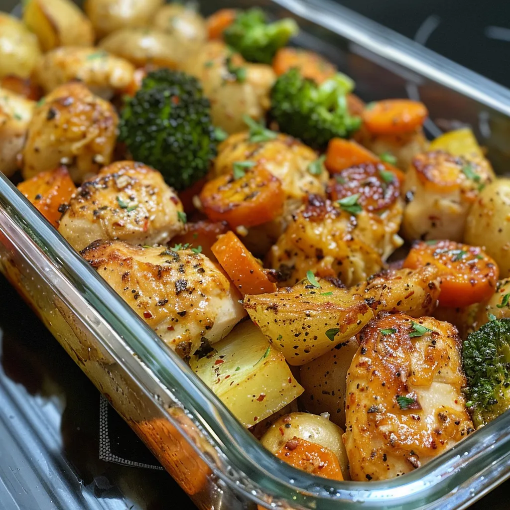 Freshly cooked chicken and veggies arranged in meal prep boxes.