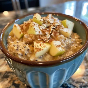 Detailed view of overnight oats with diced apples and a dusting of cinnamon, served in a rustic bowl.
