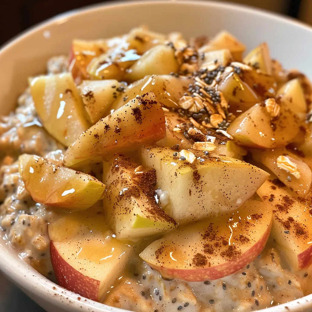 Close-up showing a spoonful of apple cinnamon overnight oats, highlighting the oats and fresh apple pieces.