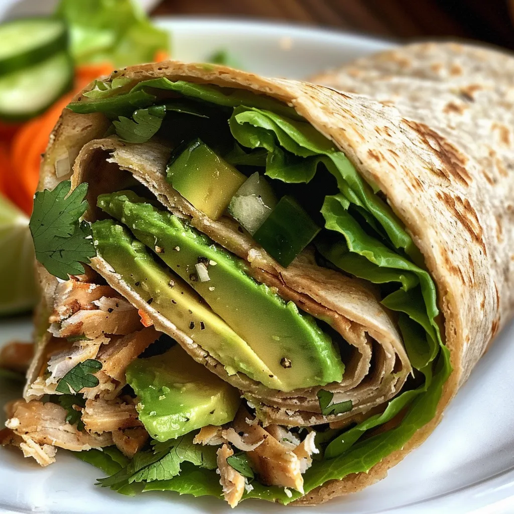 A juicy avocado cilantro turkey wrap cut in half, revealing colorful fillings.