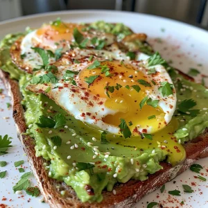 Delicious breakfast toast featuring ripe avocado, eggs, and spices.
