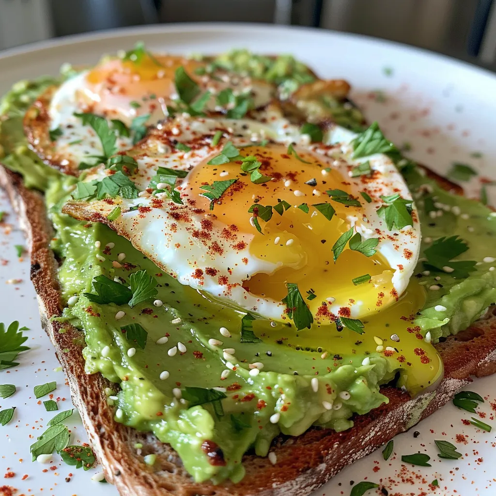 Delicious breakfast toast featuring ripe avocado, eggs, and spices.