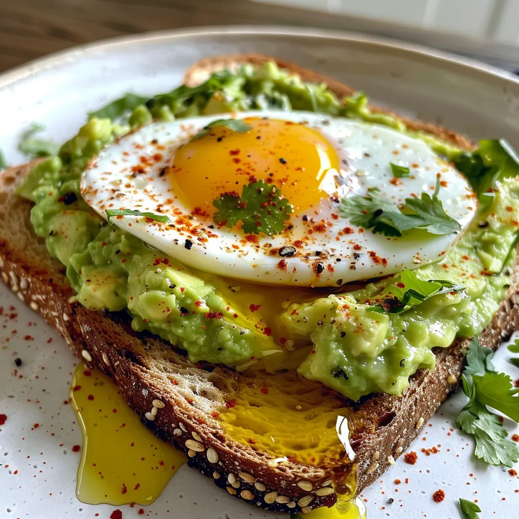 Tasty avocado and egg toast garnished with chili flakes and herbs.