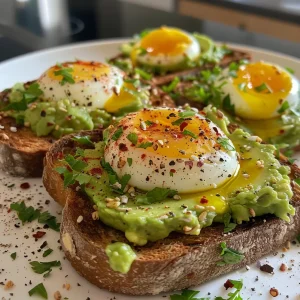 A detailed shot of avocado and egg toast, highlighting the texture of the bread and toppings.