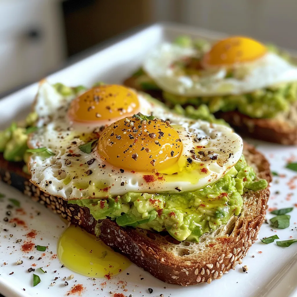 Close-up image of a delicious avocado egg toast, featuring vibrant colors and garnishes.