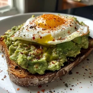 Freshly made avocado toast with a perfectly cooked egg, displayed on a wooden surface.