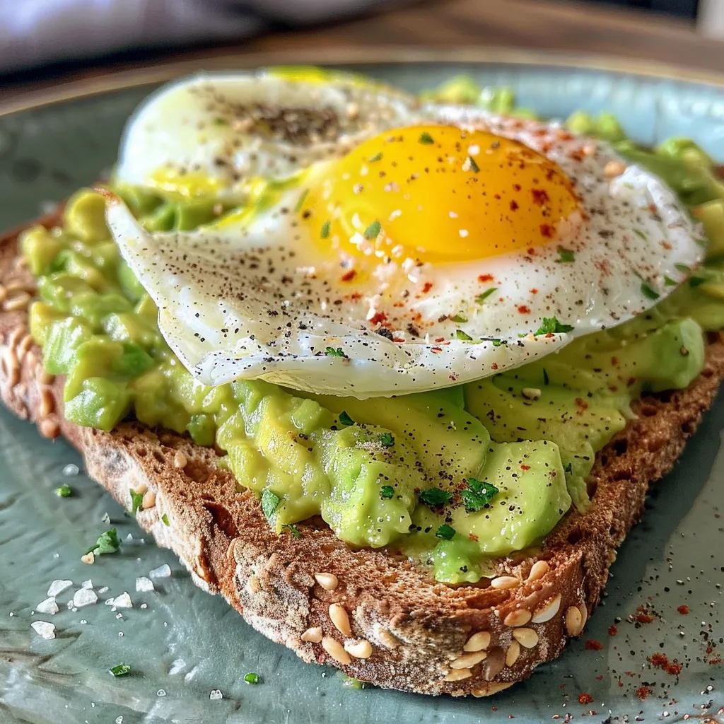 Detailed view of whole grain avocado toast with two large eggs and seasoning.