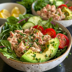 Side view of a fresh avocado tuna salad bowl showcasing ingredients like cucumbers and red onions.
