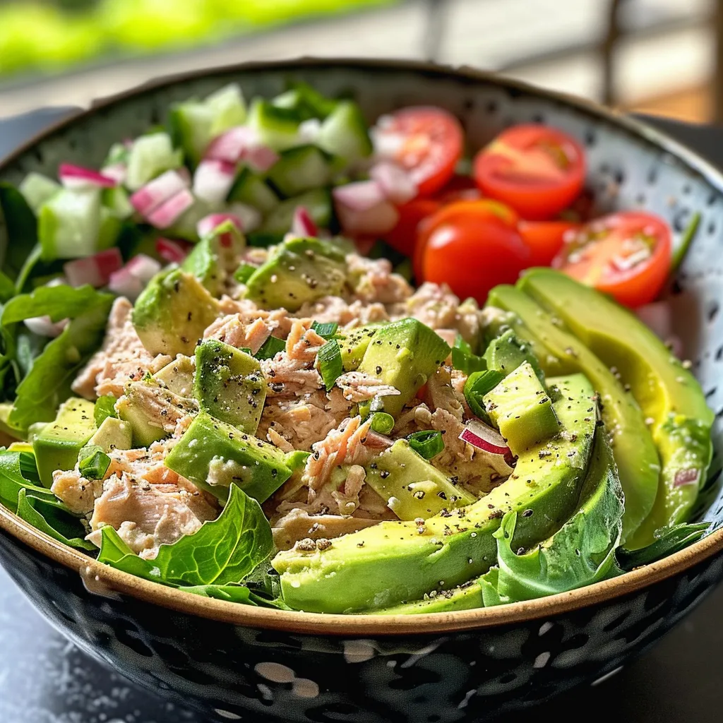 A delicious avocado tuna salad bowl intricately arranged with greens, tuna, and vegetables.
