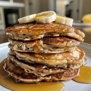 Close-up shot revealing the texture of moist banana oatmeal pancakes garnished with fresh fruit.