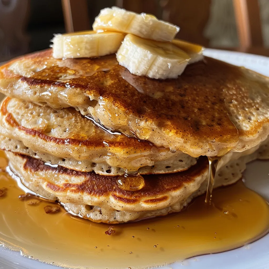 A side profile of delicious banana oatmeal pancakes on a rustic wooden table, showcasing their layered appearance.