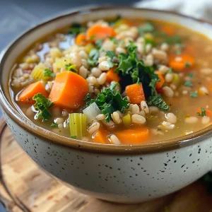 A rich, hearty barley soup displayed in a rustic bowl, highlighting its ingredients.