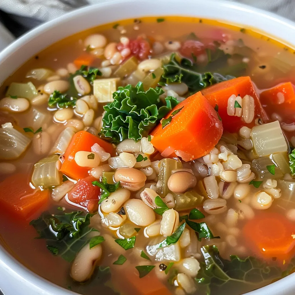 A detailed shot of steaming barley soup, showcasing its colorful ingredients.