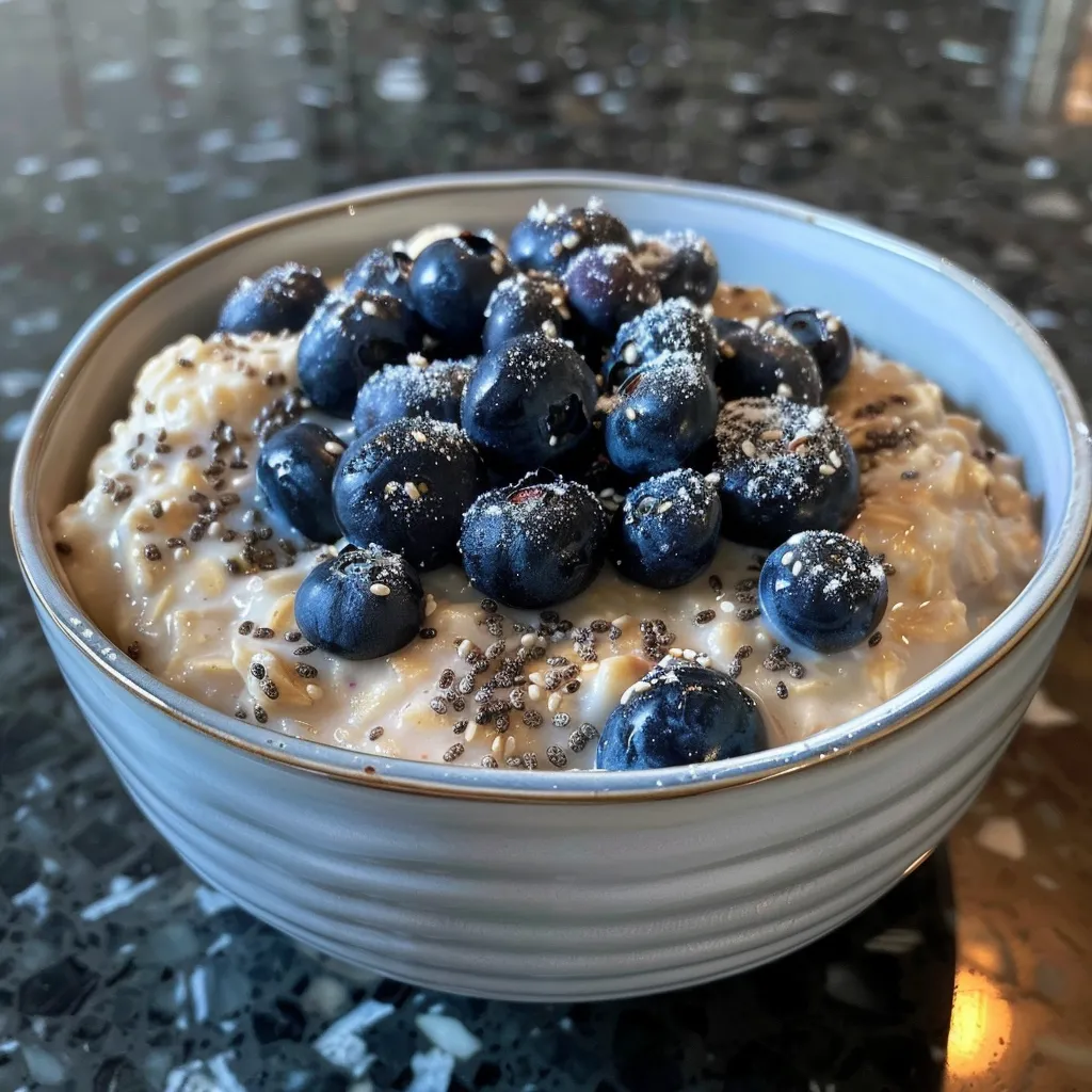 Detailed image of blueberry overnight oats topped with shredded coconut and a drizzle of maple syrup.