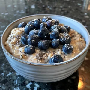 A jar of blueberry overnight oats displaying layers of oats and blueberries, illuminated by natural light.