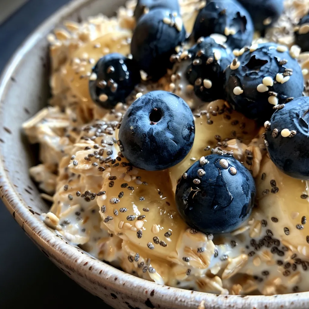 Delicious blueberry overnight oats with visible fresh fruit, prepared in a clear glass.