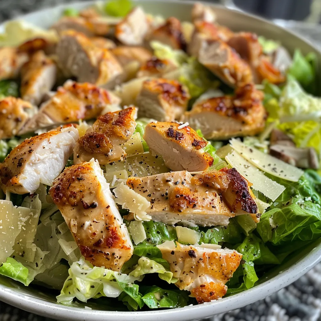 Detailed shot showing grilled chicken atop chopped Romaine, drizzled with Caesar dressing.