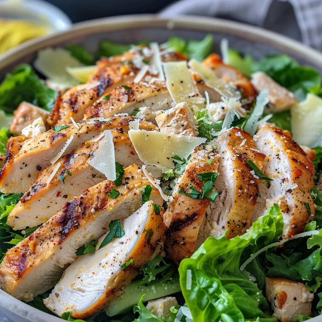 Vibrant Caesar salad with chicken, showcasing greens and creamy dressing in a fresh presentation.