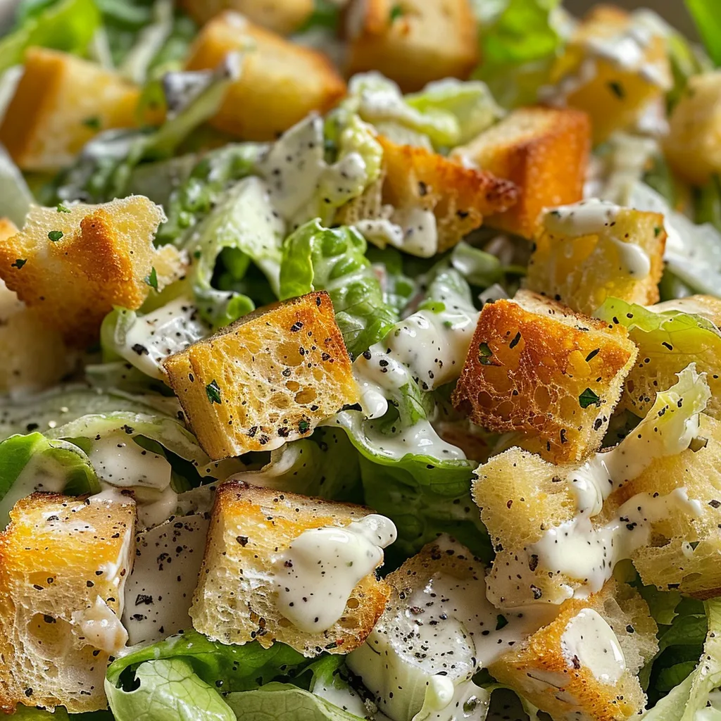 Detailed image of a Caesar salad, highlighting crisp lettuce, golden croutons, and grated Parmesan.