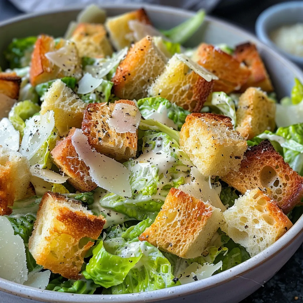 Close-up photo of a classic Caesar salad with glistening dressing and herbs.