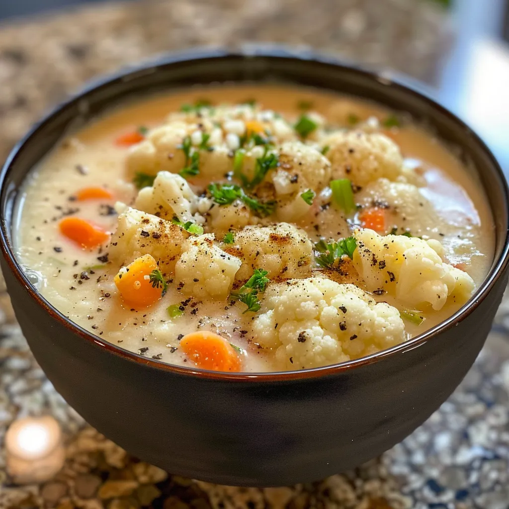 Bowl of cauliflower soup with chunks of vegetables, viewed from the side.