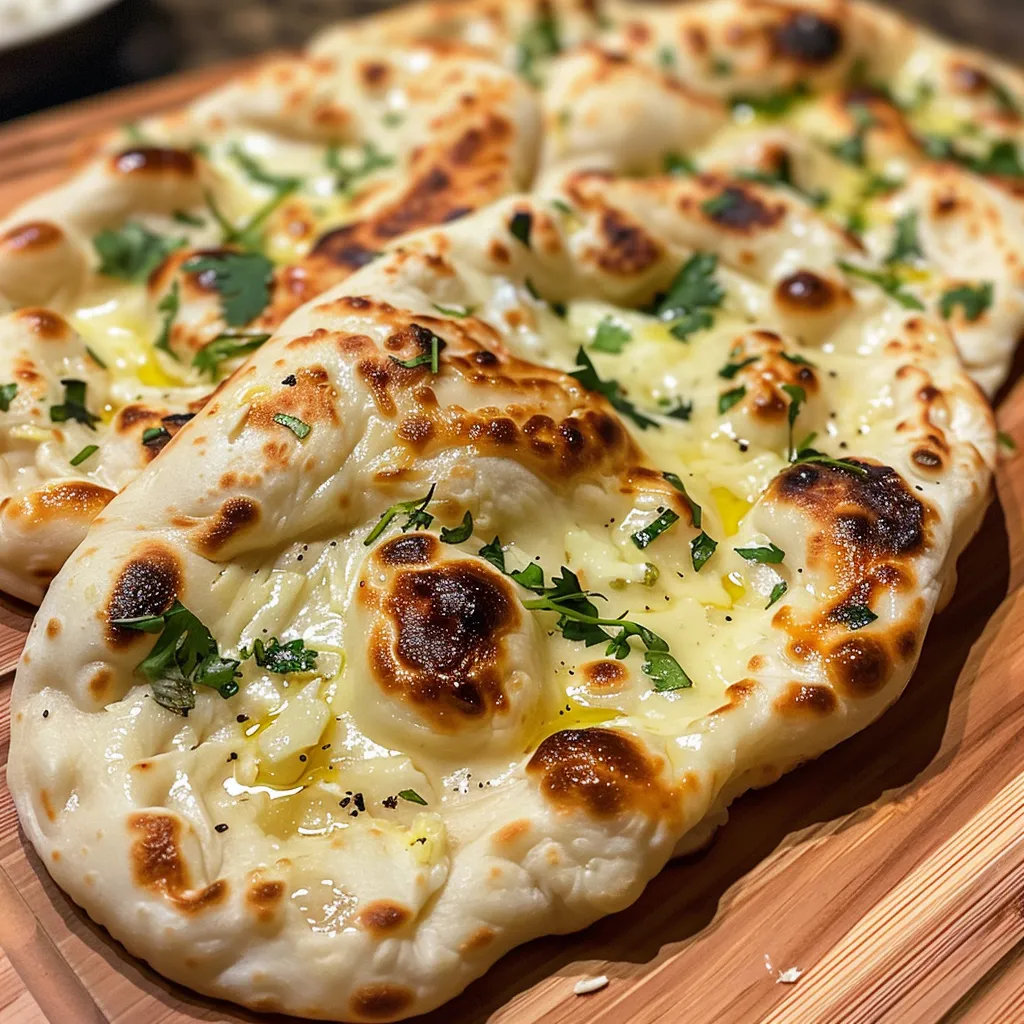 Juicy Cheese Garlic Naan highlighted with a glossy buttered surface and herbs.