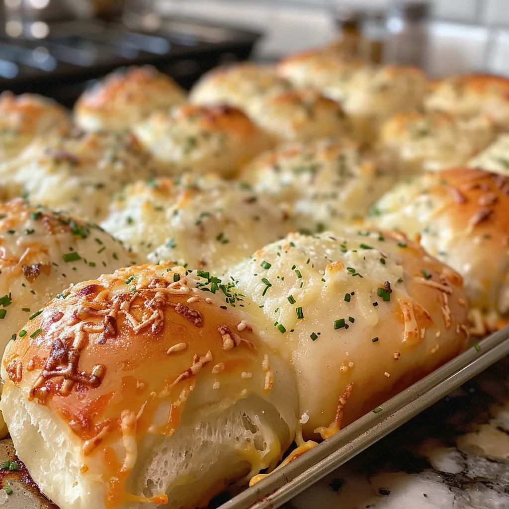 Appetizing cheesy garlic dinner rolls displayed with a buttery glaze and herbs.