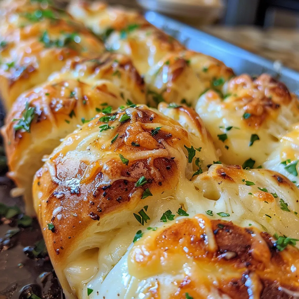 Juicy garlic rolls stacked, revealing melted mozzarella and rich garlic butter.