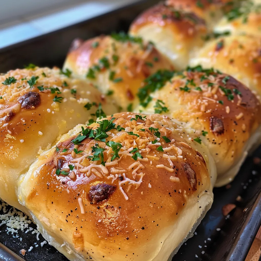 Juicy cheesy garlic rolls with a crispy crust, showcasing their gooey interior.