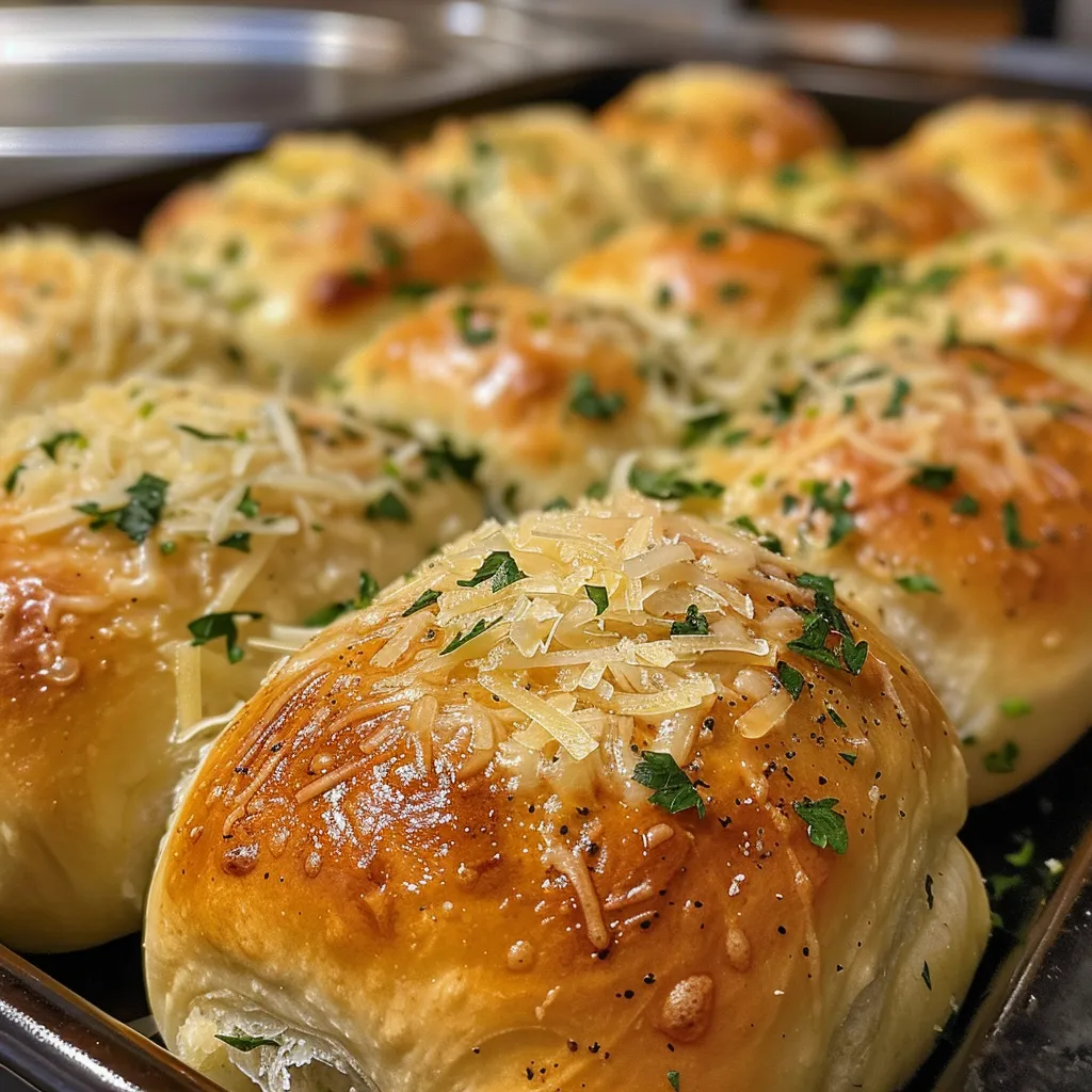 Warm cheesy garlic rolls, highlighting their soft texture and savory garlic aroma.