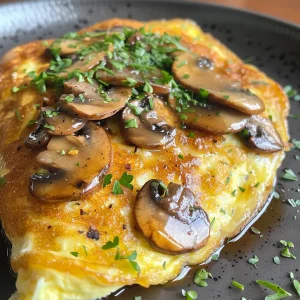 A delicious mushroom omelette with a golden exterior, showcasing the cheesy filling.